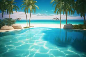 luxury tropical swimming pool with ocean background photo