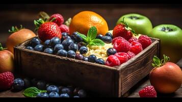 fruit in crate healthy vegetarian food concept photo