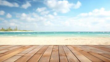 Summer concept. serene blue sky and crystal-clear waters create perfect tropical background for summer beach vacation, with empty wooden pier adding touch of rustic charm to sunny scene. Generate AI photo