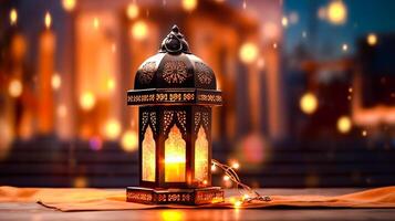 durante mes de ramadán, musulmanes Decorar casas con brillantemente iluminado tradicional árabe lámparas, llamado linternas, símbolo de alegría, espiritualidad de santo festival. concepto Arábica, islam, religión. generar ai foto
