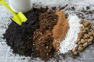 Ingredients for the soil of home potted plants, peat, earth, sand, perlite, vermiculite, coconut. A mixture for planting plants in a pot. Layout photo