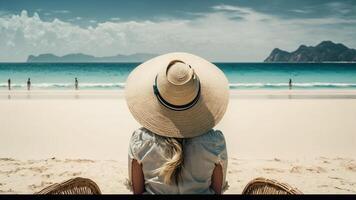 Portrait of Woman in summer vacation wearing straw hat and beach dress enjoying the view at the ocean with photo