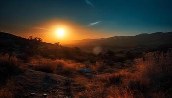 Majestic mountain range silhouetted against orange horizon generated by AI photo