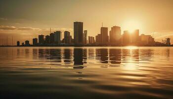 Golden skyline reflects on tranquil waterfront waves generated by AI photo