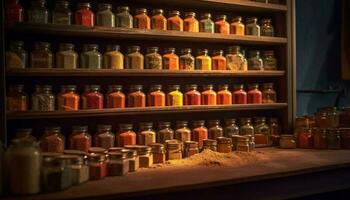 Abundance of old fashioned glass bottles on wooden shelf generated by AI photo