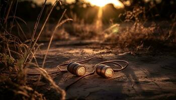 puesta de sol auriculares jugar música en tranquilo bosque escena generado por ai foto