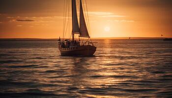 Sailing ship on tranquil sea at dusk generated by AI photo