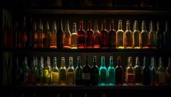 Multi colored wine bottles illuminate dark bar background generated by AI photo