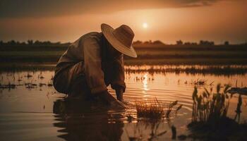 uno hombre trabajando en sereno otoño estanque generado por ai foto