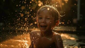 sonriente caucásico chico pulverización agua en verano generado por ai foto