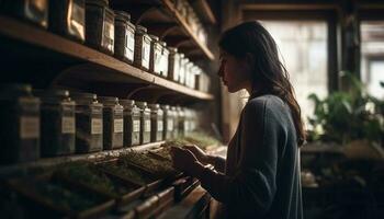 joven mujer estudiando literatura en biblioteca ventana generado por ai foto