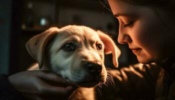 Caucasian child embraces cute puppy indoors happily generated by AI photo