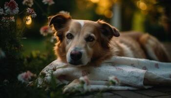 Cute puppy sitting in grass, enjoying nature generated by AI photo