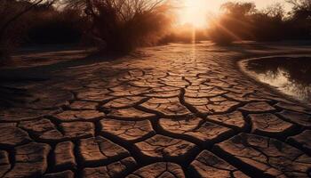 Dry heat, eroded landscape, broken tree ruins generated by AI photo