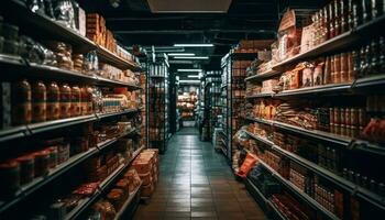 Aisle of books in a large bookstore generated by AI photo