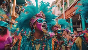 Multi colored parade of traditional costumes and masks generated by AI photo