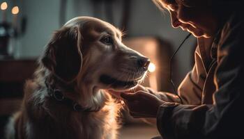 Caucasian owner embracing cute puppy, purebred retriever generated by AI photo