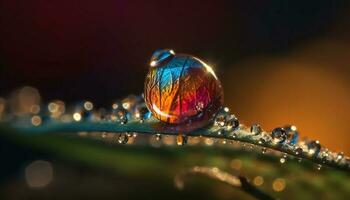 gota de agua en hoja refleja vibrante otoño puesta de sol generado por ai foto