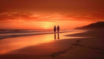 puesta de sol romance dos personas abrazo en playa generado por ai foto