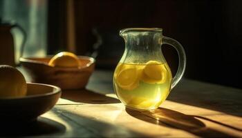 Fresh lemonade in rustic glass jug, summer refreshment generated by AI photo