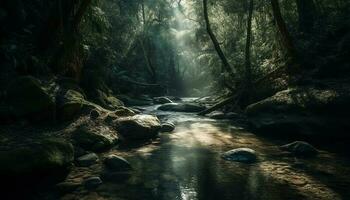 Majestic tropical rainforest, blurred motion, flowing water generated by AI photo