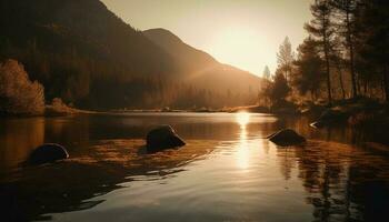 Majestic mountain range reflects in tranquil pond generated by AI photo