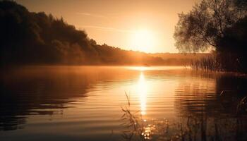 Golden sun sets over tranquil water reflection generated by AI photo