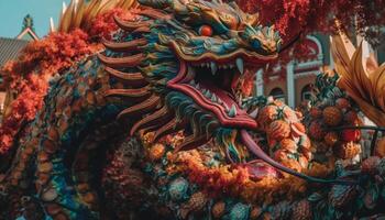 Vibrant dragon sculpture symbolizes Chinese spirituality and culture generated by AI photo