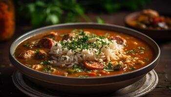 Freshly cooked vegetable soup in rustic bowl generated by AI photo