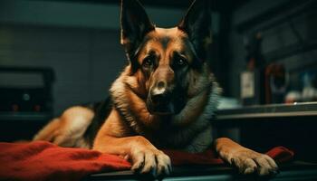 Purebred German Shepherd puppy sitting indoors, looking cute generated by AI photo