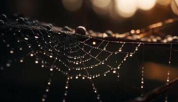 Spider web captures dew drops in nature generated by AI photo