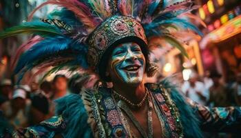 Colorful Brazilian parade, samba dancing, joyful celebration generated by AI photo