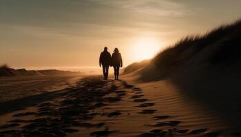 Silhouette couple walking on sand dune together generated by AI photo