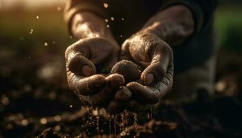 Dirty hand holding wet mud, working outdoors generated by AI photo