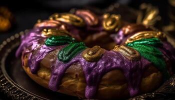 Multi colored cookies on ornate plate, homemade indulgence generated by AI photo