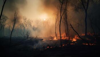 Spooky forest fire burning in the night generated by AI photo