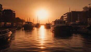 Yacht sails into the tranquil sunset waters generated by AI photo