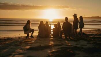 familia unión en el playa a oscuridad generado por ai foto