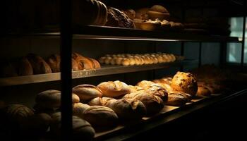 Freshly baked breads in rustic wooden shelves generated by AI photo