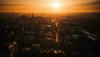 Sunset illuminates city skyline, nature pollution evident generated by AI photo