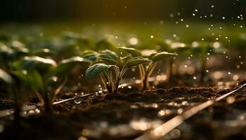 Fresh green seedling grows in wet dirt generated by AI photo