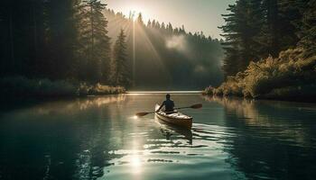 kayak aventura, uno persona sonriente en luz de sol generado por ai foto