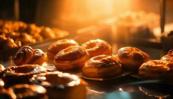 Homemade baked goods on wooden table background generated by AI photo