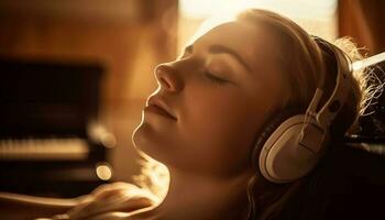 joven mujer practicando piano, disfrutando musical relajación generado por ai foto