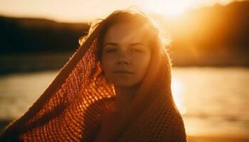 joven mujer sonriente en naturaleza a puesta de sol generado por ai foto