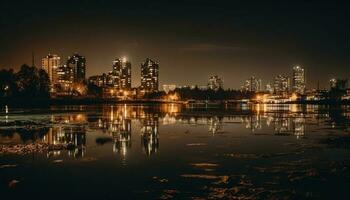 Bright city skyline reflects on tranquil water generated by AI photo