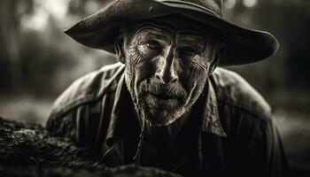 Old farmer smiling with his loyal dog generated by AI photo