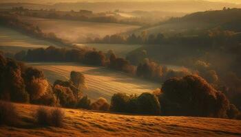 Golden farmstead glows in tranquil autumn dawn generated by AI photo