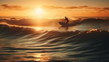 Silhouette holding surfboard, surfing into the sunset generated by AI photo