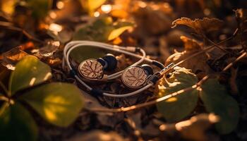 Autumn leaf on forest floor, yellow and green generated by AI photo